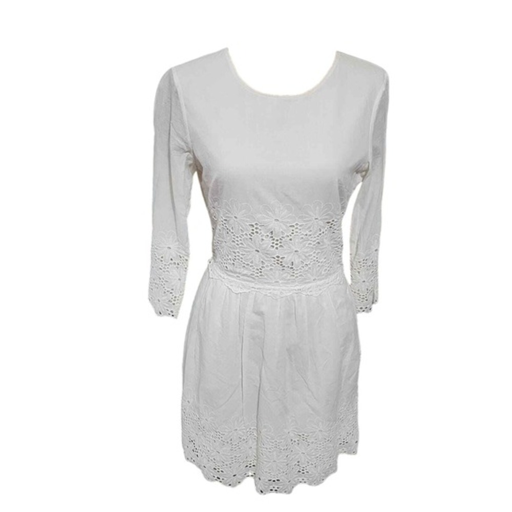 Dolce Vita Dainty Feminine White Eyelet Lace Dress 3/4 Sleeve Mini Casual Summer